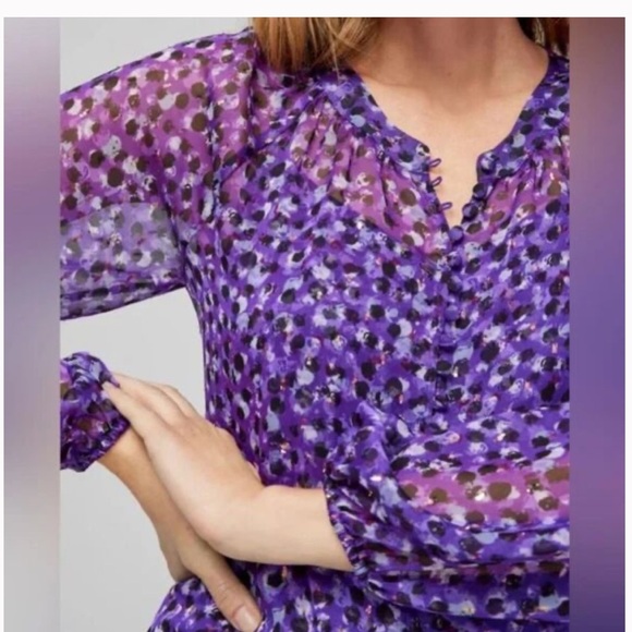White House Black Market Purple & Gold Dot Button Sheer Blouse Women’s XS - Picture 3 of 9